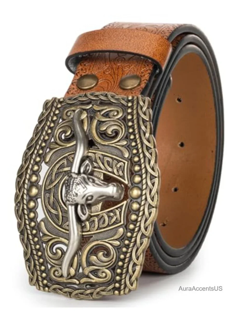 Western PU-Leather Cowboy Buckle Belt with Engraved Floral Longhorn Bull Buckle